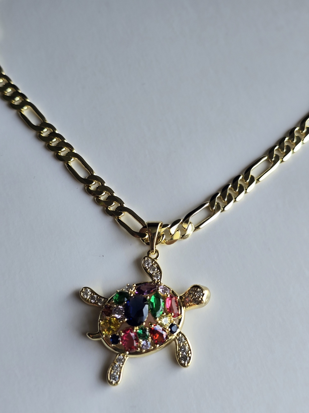 Gold-Tone Turtle Pendant Necklace with Multicolor Gem Accents